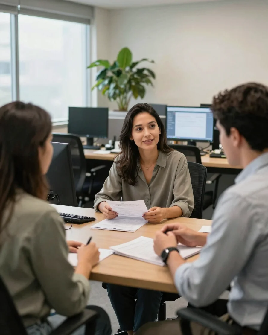 Ambiente de trabalho real e discreto em um escritório brasileiro de luz natural suave, duas pessoas conversando em uma m