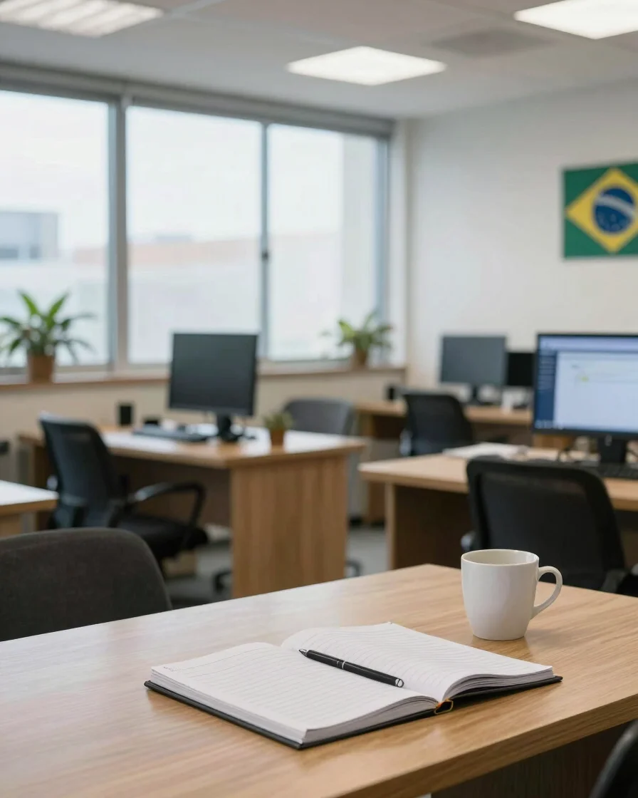 Ambiente de trabalho real e discreto em um escritório brasileiro,